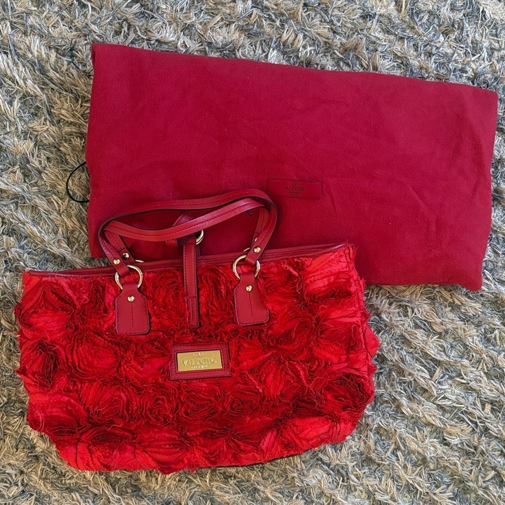 Valentino Garavani Red Silk Georgette Rosier Rose Tote Bag